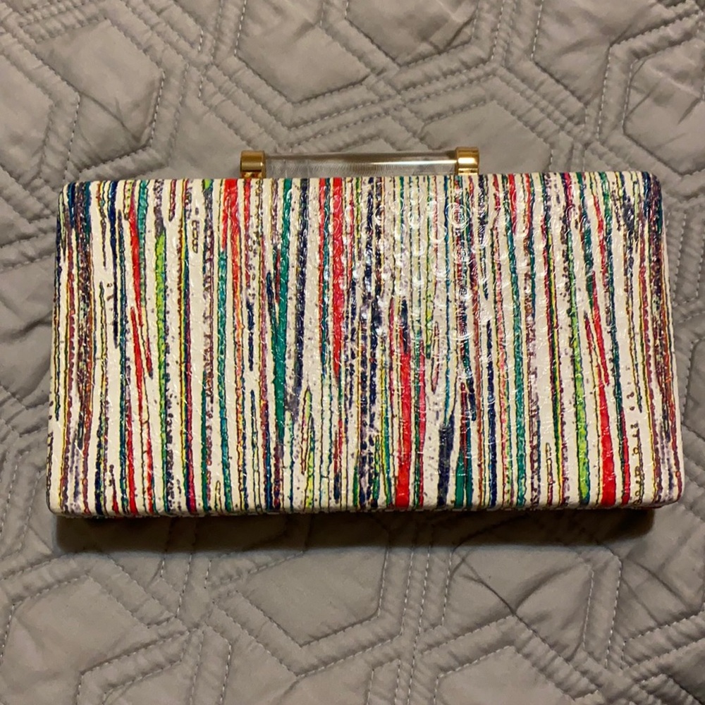 Stripe multi color box clutch or crossbody with gold chain